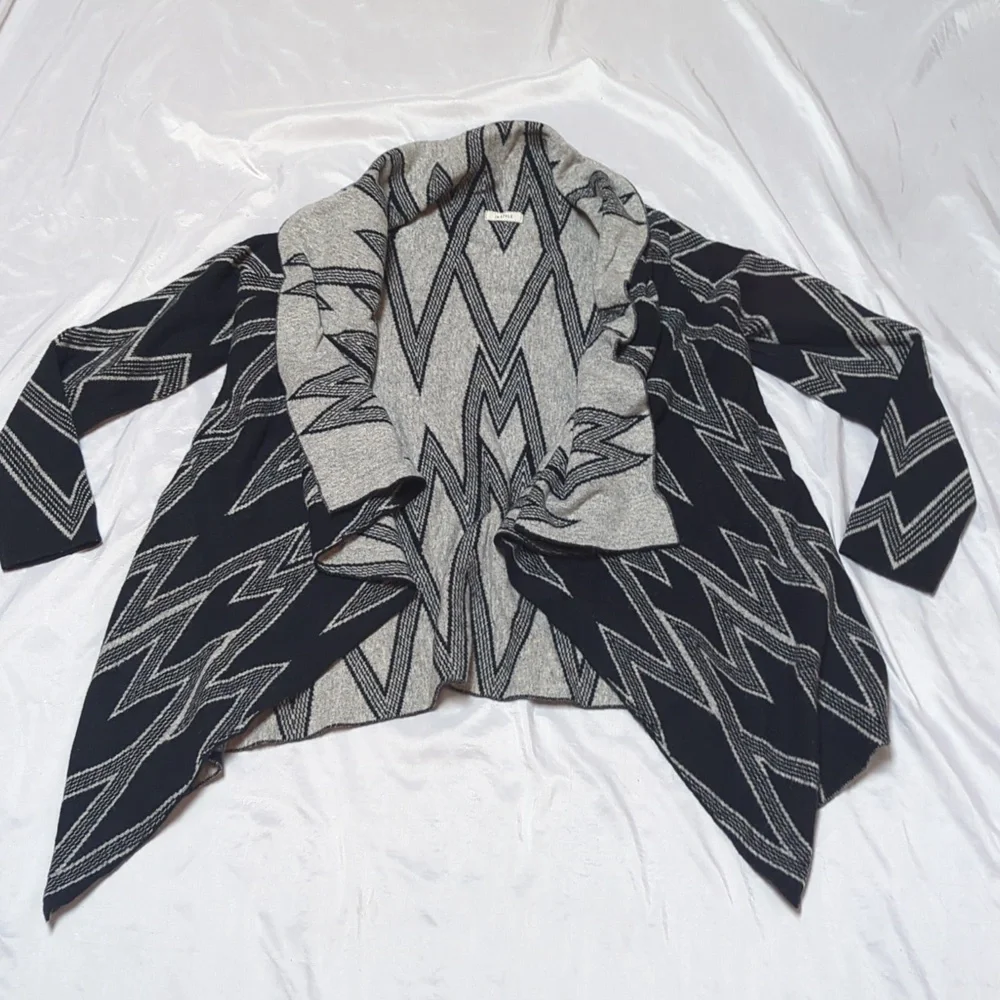 In Style Asymmetrical Open Front Black & Grey Waterfall Cardigan Angora Blend